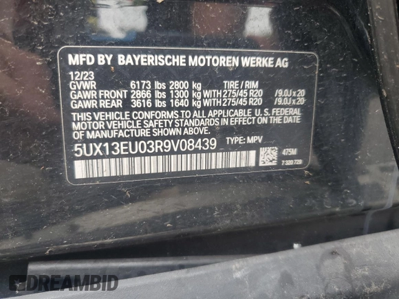 2024 BMW X5 sDrive40i with VIN 5UX13EU03R9V08439, listed as a Copart auction lot 61158915 with Not provided miles and Clean title. Bid and sale history available at DreamBid. Image 14.