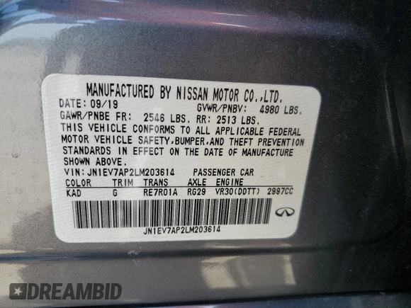 2020 Infiniti Q50 Luxe z VIN JN1EV7AP2LM203614, wystawiony jako Copart lot #57346785 z przebiegiem 62 659 mil mil oraz Nie do naprawy • Non repairable. Historia ofert i sprzedaży dostępna na DreamBid. Obrazek 13.