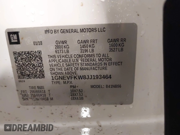 2018 Chevrolet Traverse LS with VIN 1GNEVFKW8JJ193464, listed as a IAAI auction lot 41448963 with 90,910 mi miles. Bid and sale history available at carsss.com. Image 9.