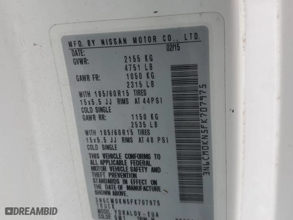 2015 Nissan NV200 S with VIN 3N6CM0KN5FK707975, listed as a Copart auction lot 69652784 with 219,322 mi miles and Clean Title. Bid and sale history available at carsss.com. Image 12.