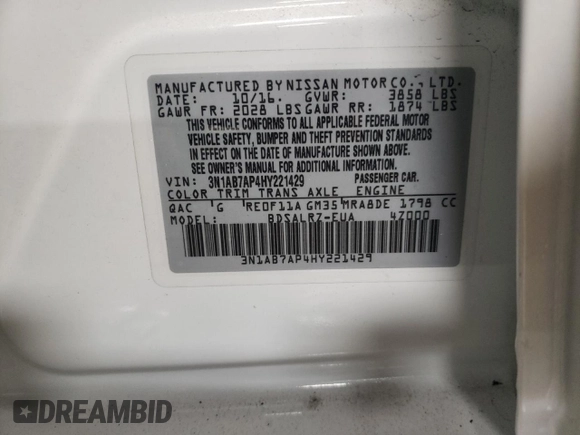 2017 Nissan Sentra SR with VIN 3N1AB7AP4HY221429, listed as a Copart auction lot 47360555 with 42,369 mi miles and Salvage Title. Bid and sale history available at DreamBid. Image 13.