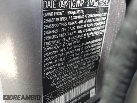 2022 Land Rover Range Rover Westminster with VIN SALGS2RU0NA460358, listed as a Copart auction lot 54783385 with 28,926 mi miles and Salvage title. Bid and sale history available at DreamBid. Image 14.