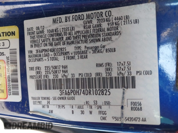 2013 Ford Fusion SE with VIN 3FA6P0H74DR102825, listed as a IAAI auction lot 41894732 with 137,837 mi miles and . Bid and sale history available at DreamBid. Image 9.