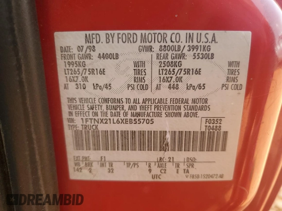 1999 Ford F-250 XL with VIN 1FTNX21L6XEB55705, listed as a Copart auction lot 55469505 with 234,416 mi miles and Salvage title. Bid and sale history available at DreamBid. Image 12.