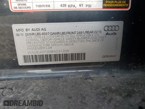 2011 Audi A3 Premium Plus with VIN WAUKJAFM0BA037209, listed as a Copart auction lot 80162204 with 96,964 mi miles and Salvage title. Bid and sale history available at DreamBid. Image 14.