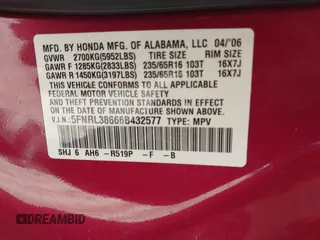 2006 Honda Odyssey EX-L с VIN 5FNRL38666B432577, выставлен на аукционе IAAI как лот 42232203 с пробегом 212 696 миль миль и . История ставок и продаж доступна на DreamBid. Изображение 9.
