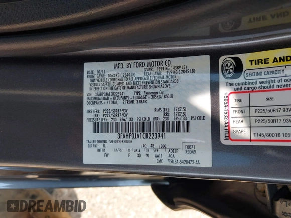 2012 Ford Fusion SEL with VIN 3FAHP0JA1CR223941, listed as a IAAI auction lot 42457173 with 119,452 mi miles and . Bid and sale history available at DreamBid. Image 9.
