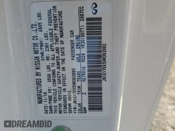 2017 Infiniti Q60 Sport with VIN JN1EV7EK5HM362892, listed as a Copart auction lot 54776955 with 110,430 mi miles and Salvage Title. Bid and sale history available at DreamBid. Image 12.