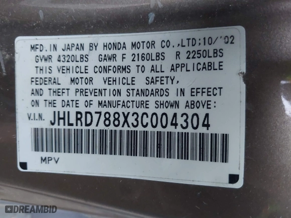 2003 Honda CR-V EX with VIN JHLRD788X3C004304, listed as a IAAI auction lot 41385254 with 143,940 mi miles. Bid and sale history available at carsss.com. Image 9.