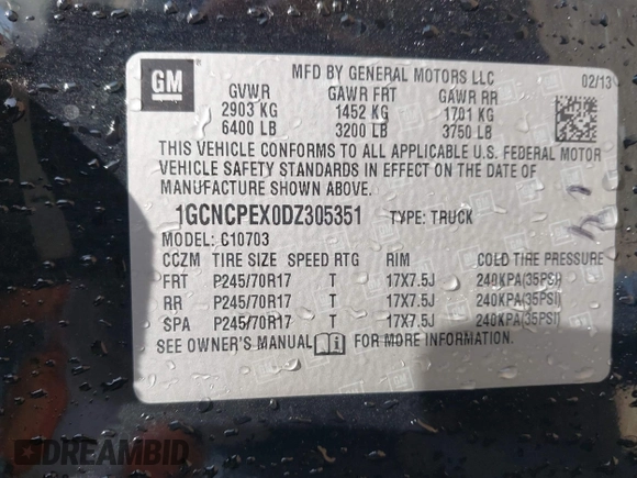 2013 Chevrolet Silverado 1500 Work Truck with VIN 1GCNCPEX0DZ305351, listed as a IAAI auction lot 42010938 with 37,775 mi miles and . Bid and sale history available at DreamBid. Image 9.