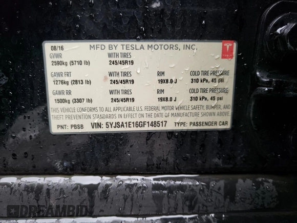 2016 Tesla Model S 70 with VIN 5YJSA1E16GF148517, listed as a Copart auction lot 52163195 with 179,172 mi miles and Salvage title. Bid and sale history available at DreamBid. Image 12.
