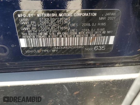 2022 Mitsubishi Outlander SE z VIN JA4J3UA82NZ008962, wystawiony jako Copart lot #54831055 z przebiegiem Nie podano mil oraz Szkoda całkowita • Salvage title. Historia ofert i sprzedaży dostępna na DreamBid. Obrazek 13.