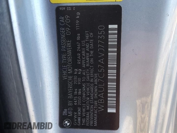 2010 BMW 1 Series 128i with VIN WBAUL7C57AVJ77350, listed as a Copart auction lot 43150295 with 240,639 mi miles and Clean title. Bid and sale history available at DreamBid. Image 12.
