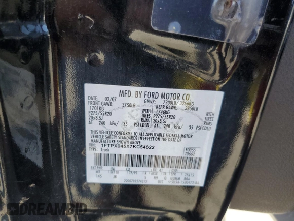 2007 Ford F-150 XLT z VIN 1FTPX045X7KC54622, wystawiony jako Copart lot #72048374 z przebiegiem 20 239 mil mil oraz Szkoda całkowita • Salvage title. Historia ofert i sprzedaży dostępna na DreamBid. Obrazek 12.