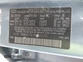 2009 Hyundai Santa Fe SE с VIN 5NMSH13E49H331045, выставлен на аукционе IAAI как лот 41846484 с пробегом 170 579 миль миль и . История ставок и продаж доступна на DreamBid. Изображение 9.