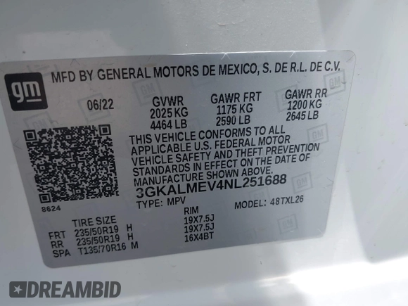 2022 GMC Terrain SLE z VIN 3GKALMEV4NL251688, wystawiony jako IAAI lot #41919002 z przebiegiem Nie podano mil oraz . Historia ofert i sprzedaży dostępna na DreamBid. Obrazek 9.