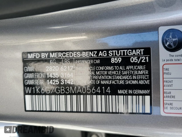 2021 Mercedes-Benz S 580 with VIN W1K6G7GB3MA056414, listed as a Copart auction lot 47523345 with Not Provided miles and Salvage Title. Bid and sale history available at DreamBid. Image 12.