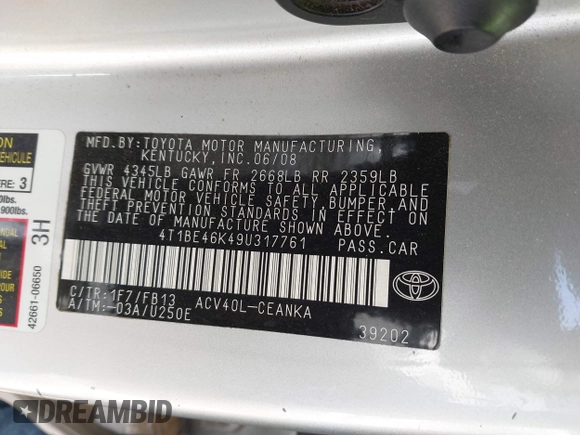 2009 Toyota Camry with VIN 4T1BE46K49U317761, listed as a IAAI auction lot 41977671 with 237,625 mi miles and . Bid and sale history available at DreamBid. Image 9.