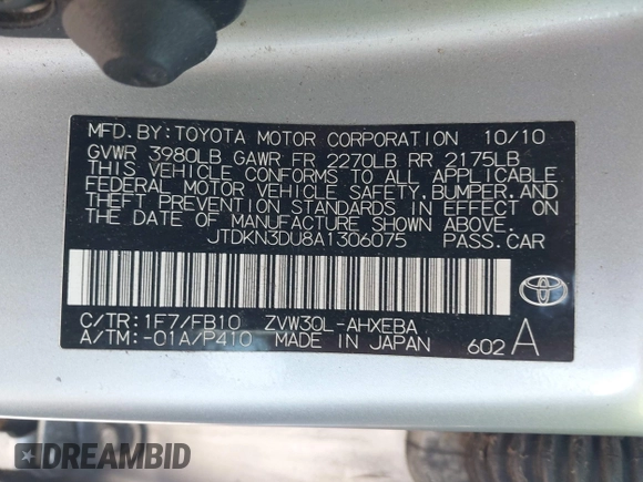 2010 Toyota Prius II z VIN JTDKN3DU8A1306075, wystawiony jako IAAI lot #42215026 z przebiegiem 185 593 mil mil oraz . Historia ofert i sprzedaży dostępna na DreamBid. Obrazek 9.