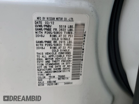 2012 Infiniti FX with VIN JN8AS1MW3CM155176, listed as a Copart auction lot 58963955 with 163,467 mi miles and Clean title. Bid and sale history available at DreamBid. Image 13.