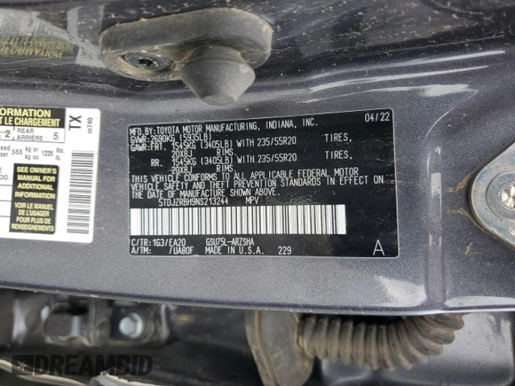 2022 Toyota Highlander XSE z VIN 5TDJZRBH9NS213244, wystawiony jako Copart lot #55754315 z przebiegiem Nie podano mil oraz Szkoda całkowita • Salvage title. Historia ofert i sprzedaży dostępna na DreamBid. Obrazek 12.