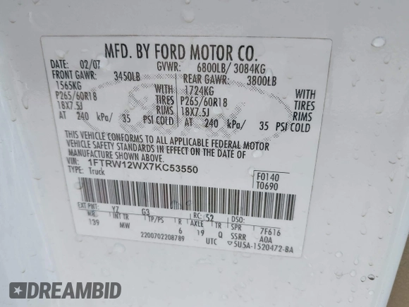 2007 Ford F-150 XLT z VIN 1FTRW12WX7KC53550, wystawiony jako IAAI lot #41909529 z przebiegiem 167 206 mil mil oraz . Historia ofert i sprzedaży dostępna na DreamBid. Obrazek 9.