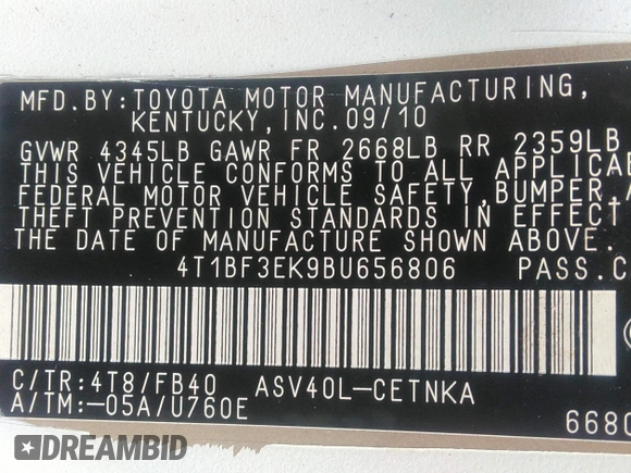 2011 Toyota Camry LE z VIN 4T1BF3EK9BU656806, wystawiony jako IAAI lot #41792844 z przebiegiem 163 634 mil mil oraz . Historia ofert i sprzedaży dostępna na DreamBid. Obrazek 9.