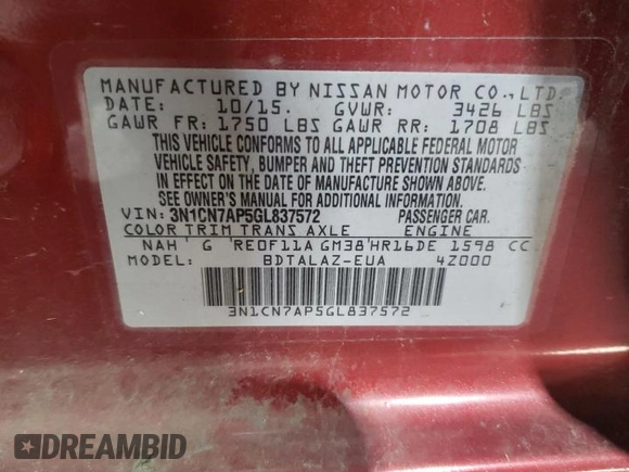 2016 Nissan Versa S Plus with VIN 3N1CN7AP5GL837572, listed as a Copart auction lot 50051725 with 50,512 mi miles and Salvage Title. Bid and sale history available at DreamBid. Image 13.