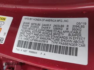 2019 Honda Accord Touring with VIN 1HGCV2F99KA025915, listed as a IAAI auction lot 41797268 with 15,968 mi miles and . Bid and sale history available at DreamBid. Image 9.