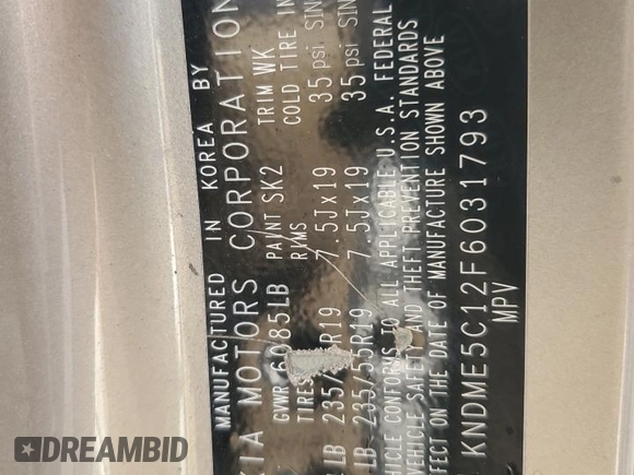 2015 Kia Sedona SX-L with VIN KNDME5C12F6031793, listed as a Copart auction lot 43320815 with 152,432 mi miles and Salvage Title. Bid and sale history available at DreamBid. Image 13.