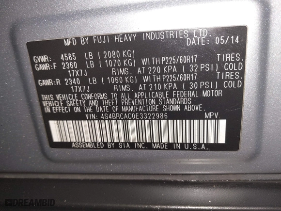 2014 Subaru Outback 2.5i with VIN 4S4BRCAC0E3322986, listed as a IAAI auction lot 41813358 with 96,936 mi miles. Bid and sale history available at carsss.com. Image 9.