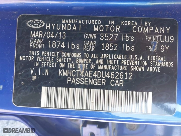 2013 Hyundai Accent GLS with VIN KMHCT4AE4DU462612, listed as a IAAI auction lot 41757907 with 177,171 mi miles. Bid and sale history available at carsss.com. Image 9.