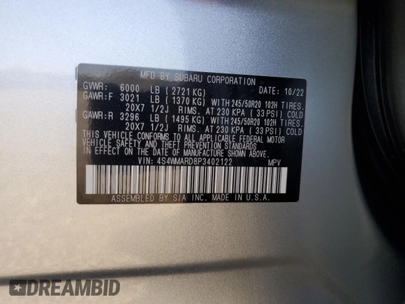 2023 Subaru Ascent Limited z VIN 4S4WMARD8P3402122, wystawiony jako Copart lot #89026415 z przebiegiem 21 216 mil mil oraz Szkoda całkowita • Salvage title. Historia ofert i sprzedaży dostępna na DreamBid. Obrazek 15.