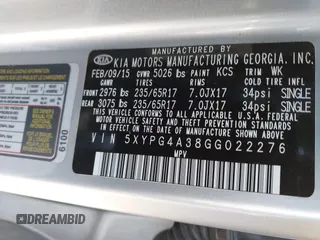2016 Kia Sorento LX with VIN 5XYPG4A38GG022276, listed as a IAAI auction lot 41672907 with 201,417 mi miles. Bid and sale history available at carsss.com. Image 9.