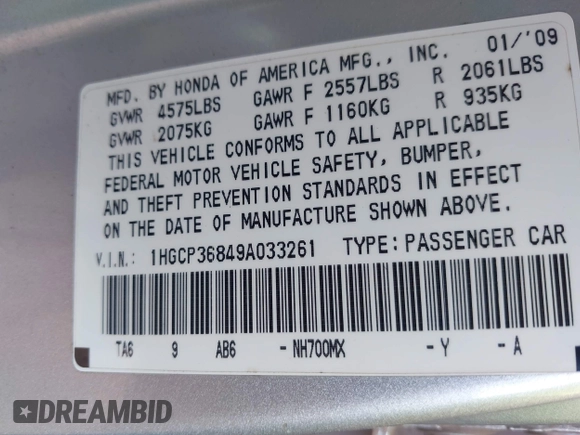 2009 Honda Accord EX-L with VIN 1HGCP36849A033261, listed as a IAAI auction lot 42116876 with 301,126 mi miles and . Bid and sale history available at DreamBid. Image 9.