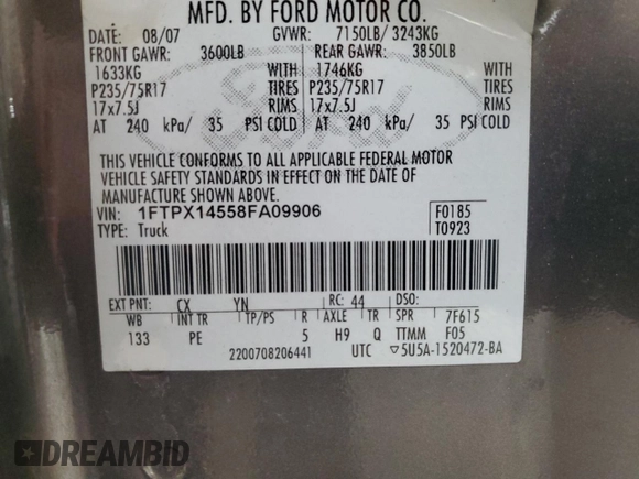 2008 Ford F-150 XLT with VIN 1FTPX14558FA09906, listed as a Copart auction lot 65266855 with 134,475 mi miles and Clean title. Bid and sale history available at DreamBid. Image 12.