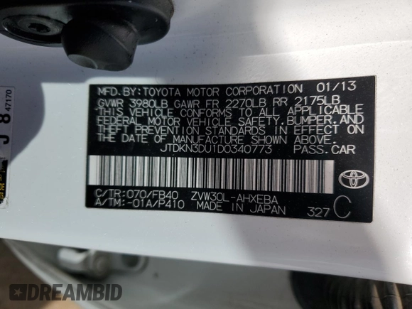 2013 Toyota Prius One with VIN JTDKN3DU1D0340773, listed as a Copart auction lot 47654655 with 132,726 mi miles and Salvage Title. Bid and sale history available at DreamBid. Image 12.