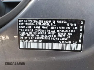 2015 Volkswagen Passat Wolfsburg Edition with VIN 1VWAT7A39FC072347, listed as a IAAI auction lot 42610199 with 116,957 mi miles and . Bid and sale history available at DreamBid. Image 9.