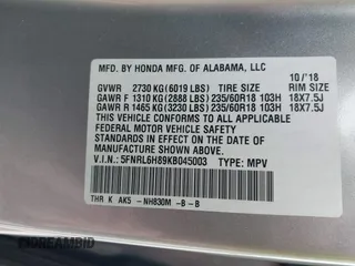 2019 Honda Odyssey Touring with VIN 5FNRL6H89KB045003, listed as a IAAI auction lot 41965310 with 69,043 mi miles. Bid and sale history available at carsss.com. Image 9.