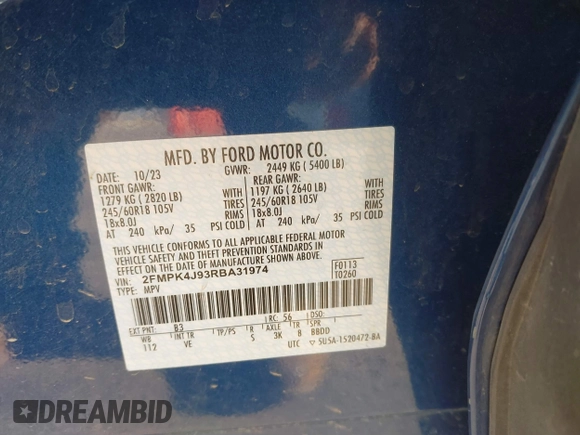 2024 Ford Edge SEL z VIN 2FMPK4J93RBA31974, wystawiony jako IAAI lot #41313322 z przebiegiem 20 436 mil mil oraz . Historia ofert i sprzedaży dostępna na DreamBid. Obrazek 9.
