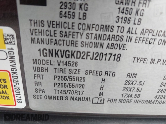 2015 Chevrolet Traverse LT with VIN 1GNKVGKD2FJ201718, listed as a IAAI auction lot 42138988 with 176,586 mi miles and . Bid and sale history available at DreamBid. Image 9.