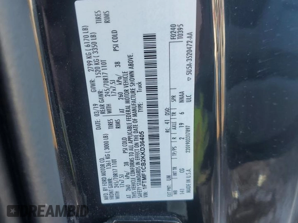 2019 Ford F-150 XL with VIN 1FTMF1CB2KKD36405, listed as a Copart auction lot 45341205 with 71,596 mi miles and Salvage title. Bid and sale history available at DreamBid. Image 13.