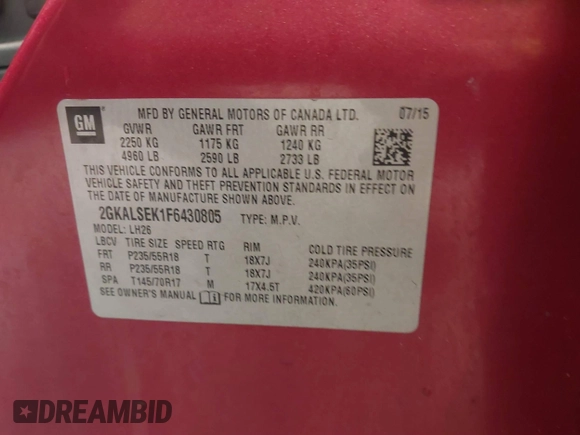 2015 GMC Terrain SLT with VIN 2GKALSEK1F6430805, listed as a IAAI auction lot 41785686 with 103,131 mi miles. Bid and sale history available at carsss.com. Image 9.