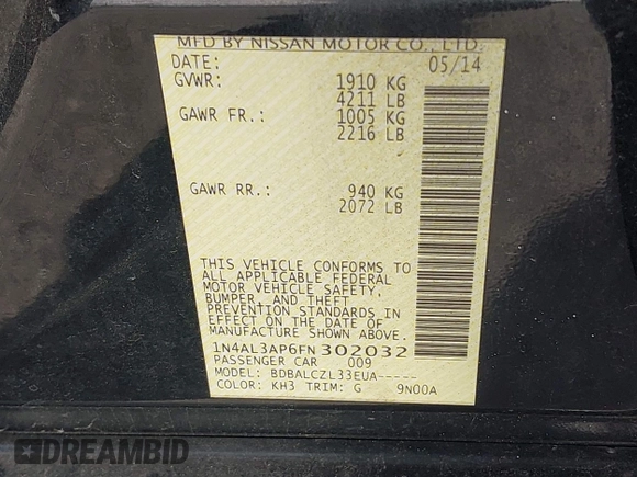 2015 Nissan Altima S with VIN 1N4AL3AP6FN302032, listed as a IAAI auction lot 41308138 with 175,794 mi miles and . Bid and sale history available at DreamBid. Image 9.