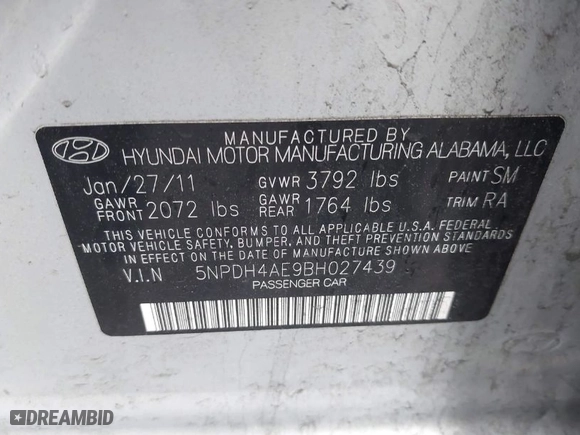 2011 Hyundai Elantra GLS PZEV with VIN 5NPDH4AE9BH027439, listed as a IAAI auction lot 41958232 with 1 mi miles. Bid and sale history available at carsss.com. Image 9.