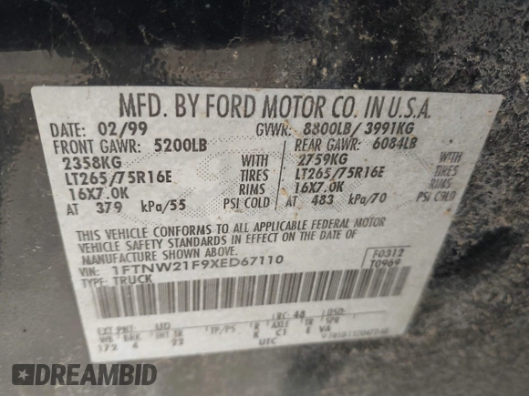1999 Ford F-250 XL with VIN 1FTNW21F9XED67110, listed as a IAAI auction lot 41650405 with Not provided miles and . Bid and sale history available at DreamBid. Image 9.