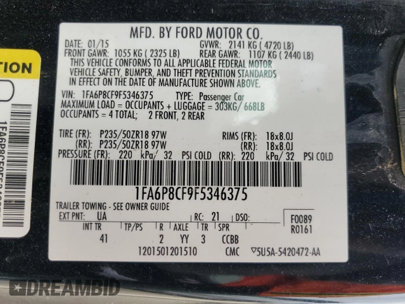 2015 Ford Mustang GT with VIN 1FA6P8CF9F5346375, listed as a Copart auction lot 54500085 with 111,866 mi miles and Clean Title. Bid and sale history available at carsss.com. Image 12.