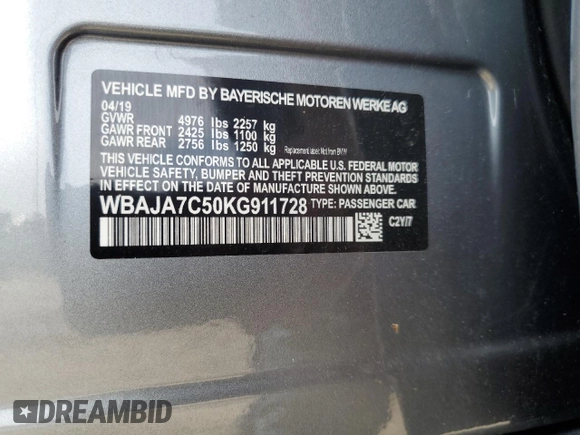 2019 BMW 5 Series 530i xDrive z VIN WBAJA7C50KG911728, wystawiony jako Copart lot #58306955 z przebiegiem 64 924 mil mil oraz Szkoda całkowita • Salvage title. Historia ofert i sprzedaży dostępna na DreamBid. Obrazek 12.