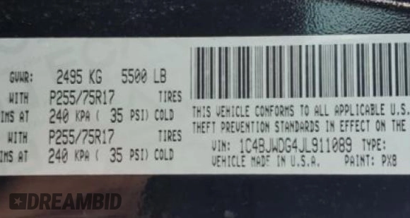 2018 Jeep Wrangler JK Unlimited Sport S with VIN 1C4BJWDG4JL911089, listed as a Copart auction lot 56634913 with 0 mi miles and Non Repairable. Bid and sale history available at carsss.com. Image 13.