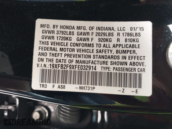 2015 Honda Civic EX-L with VIN 19XFB2F9XFE032914, listed as a IAAI auction lot 42093489 with 79,228 mi miles. Bid and sale history available at carsss.com. Image 9.
